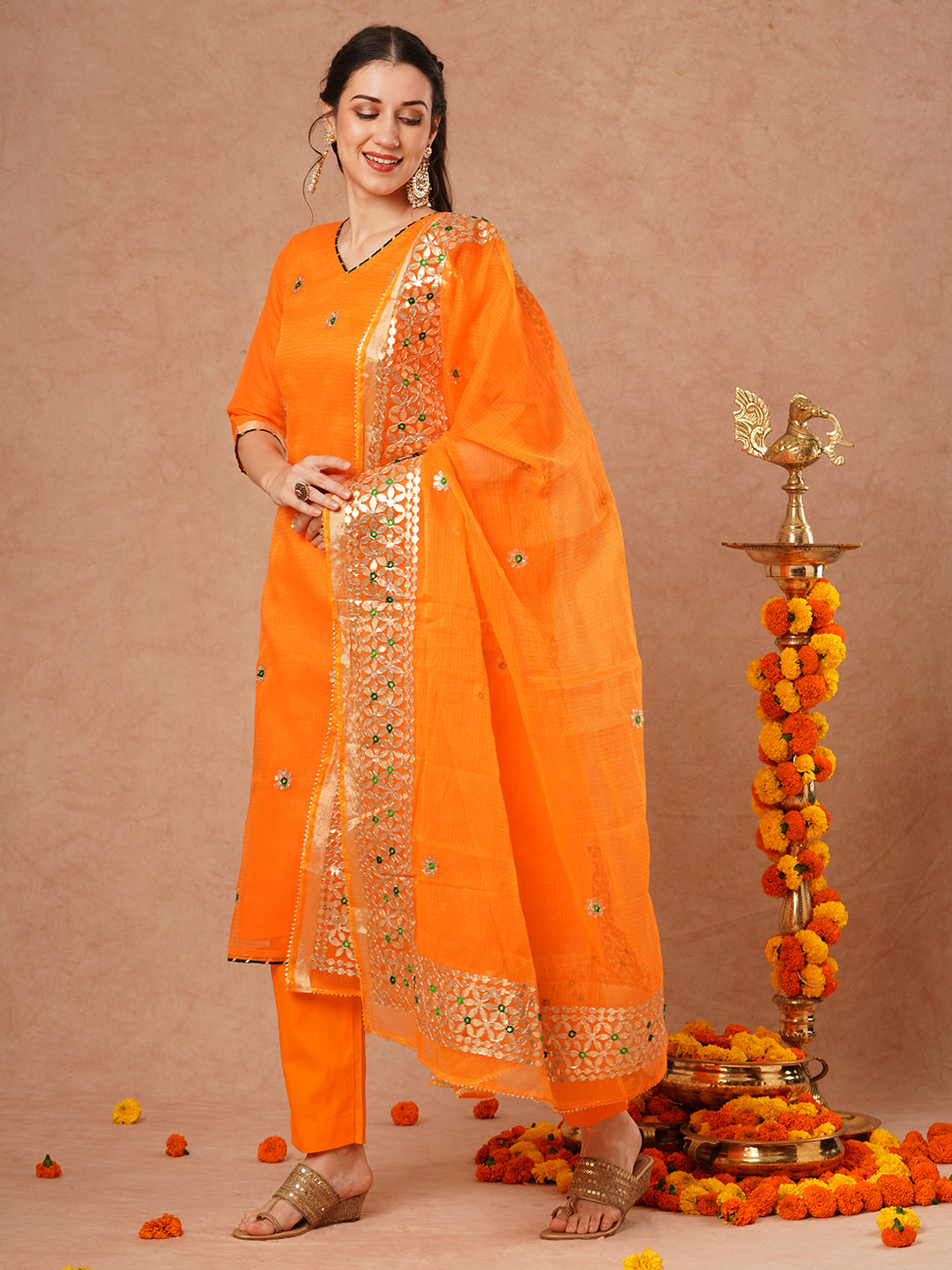 Solid Floral Gota Patti Embroidered Straight Kurta with Pant & Dupatta - Orange