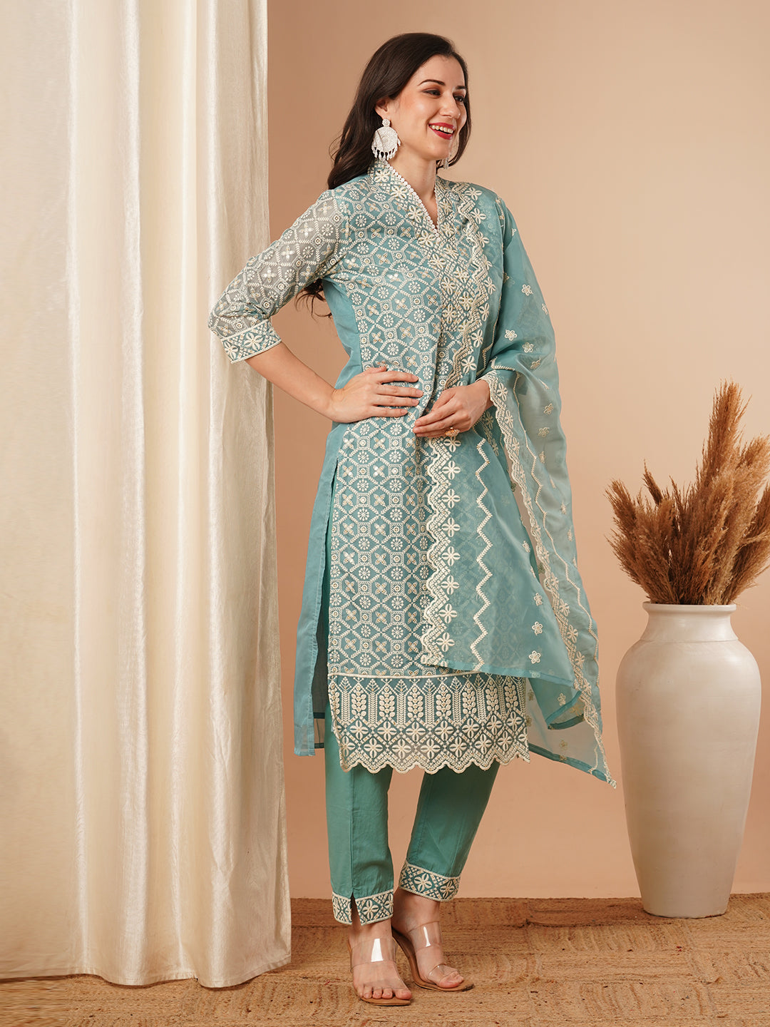 Solid Floral Chikankari Embroidered Straight Kurta with Pant & Dupatta - Turquoise Blue