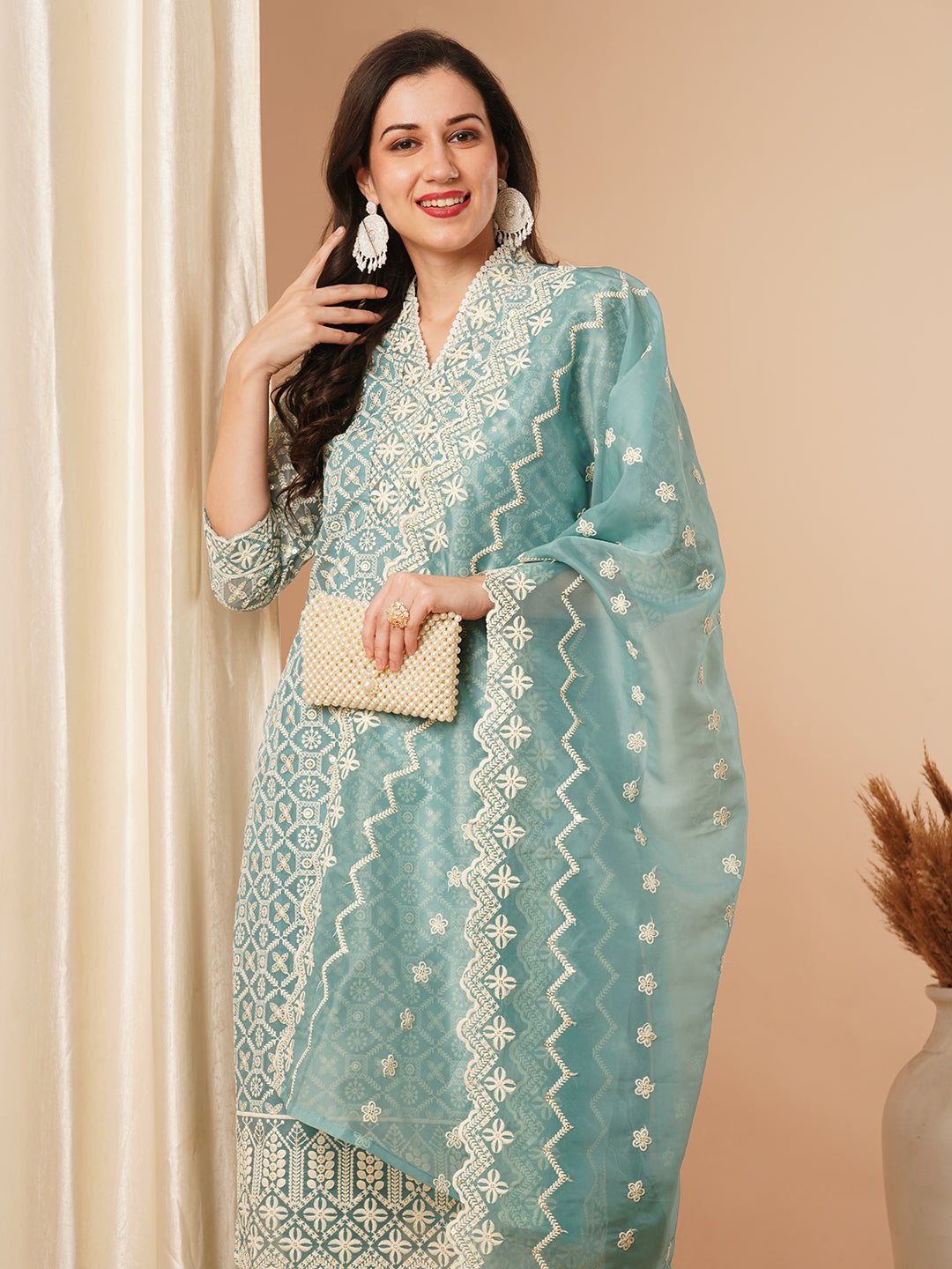 Solid Floral Chikankari Embroidered Straight Kurta with Pant & Dupatta - Turquoise Blue