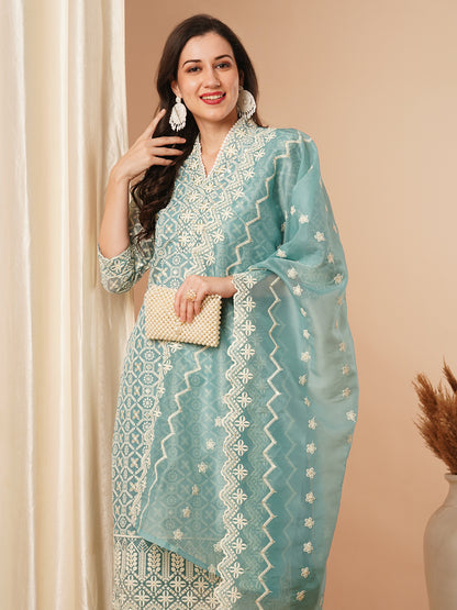 Solid Floral Chikankari Embroidered Straight Kurta with Pant & Dupatta - Turquoise Blue