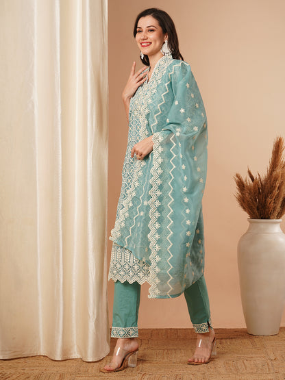 Solid Floral Chikankari Embroidered Straight Kurta with Pant & Dupatta - Turquoise Blue