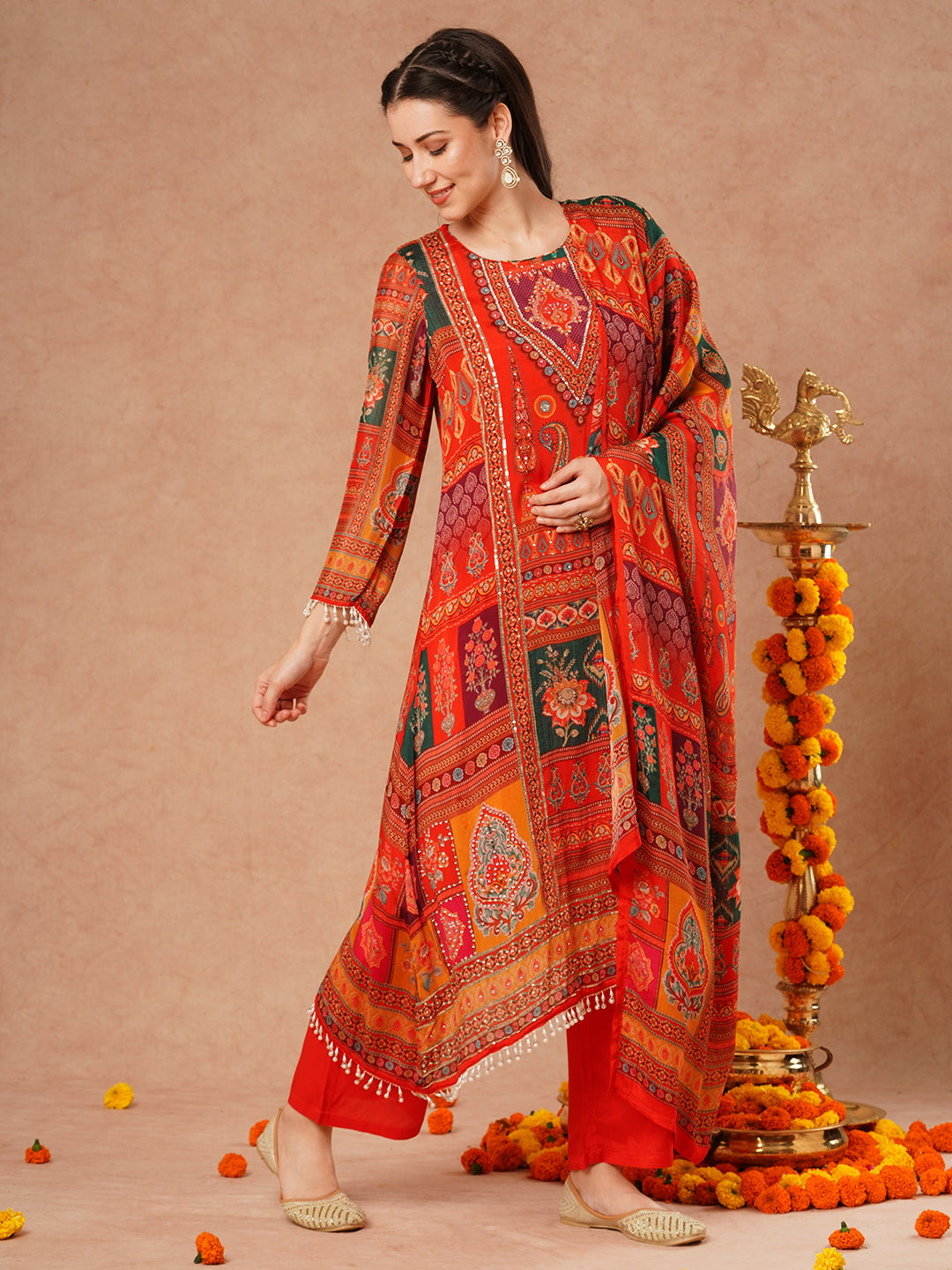 Ethnic Floral Printed & Embroidered A-Line Kurta with Palazzo & Dupatta - Rust