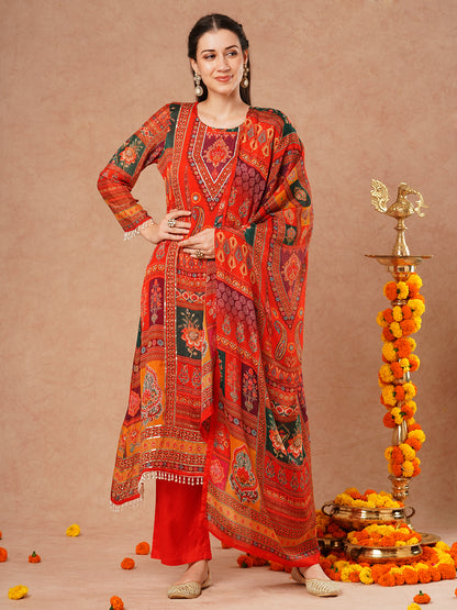 Ethnic Floral Printed & Embroidered A-Line Kurta with Palazzo & Dupatta - Rust