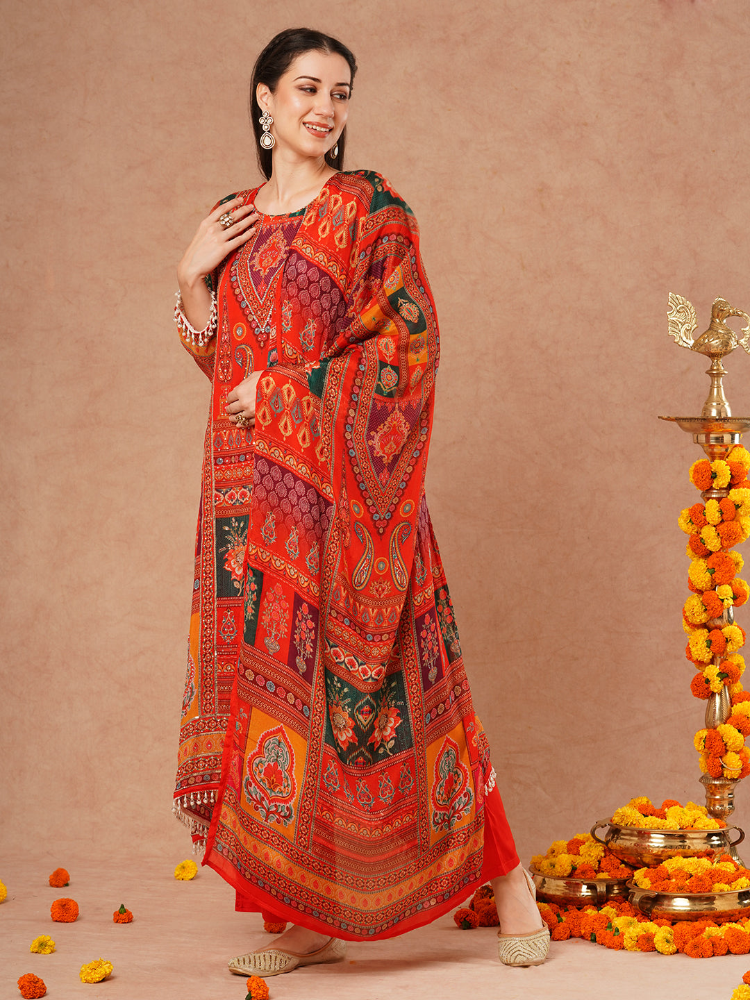 Ethnic Floral Printed & Embroidered A-Line Kurta with Palazzo & Dupatta - Rust