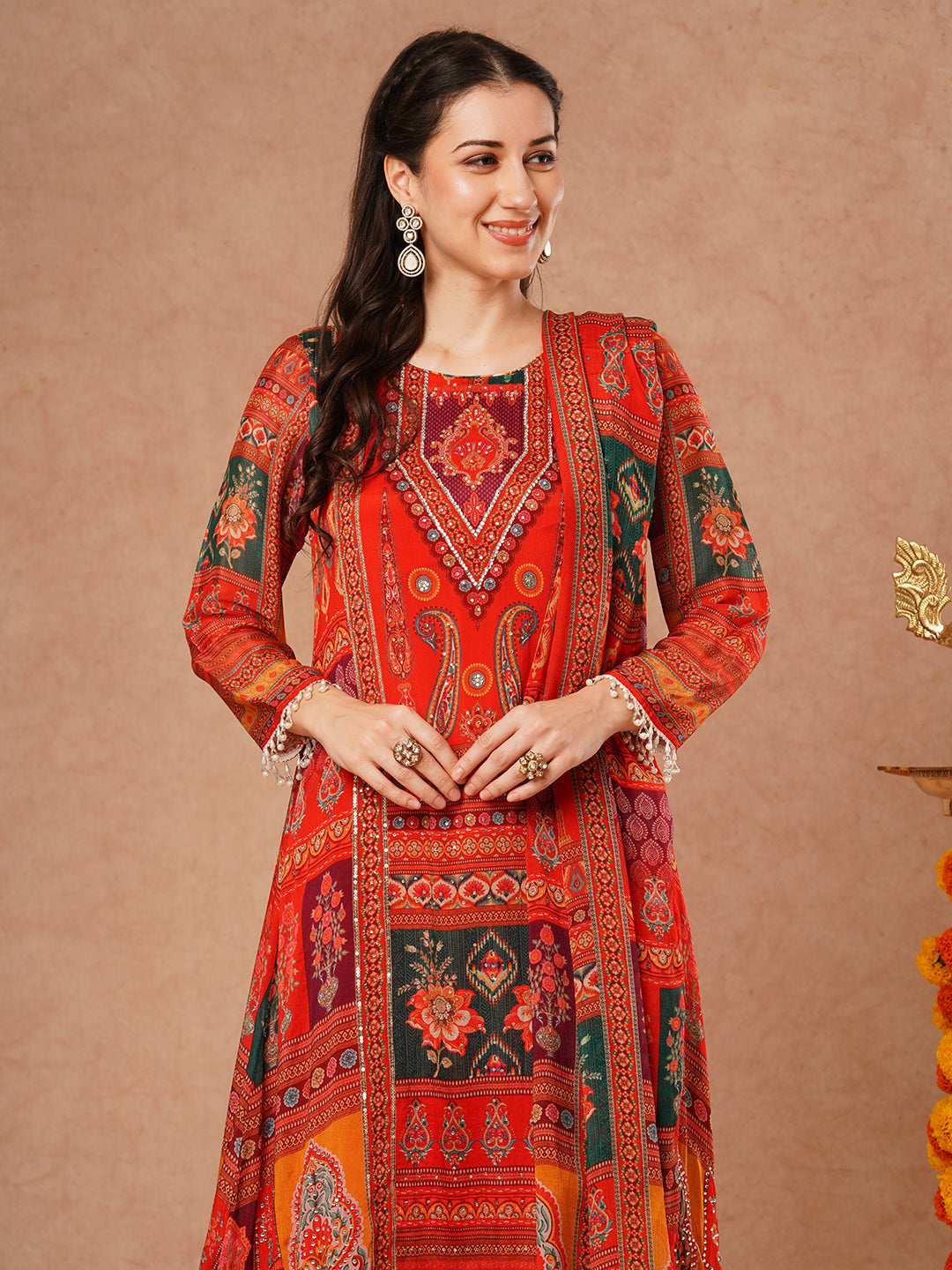 Ethnic Floral Printed & Embroidered A-Line Kurta with Palazzo & Dupatta - Rust