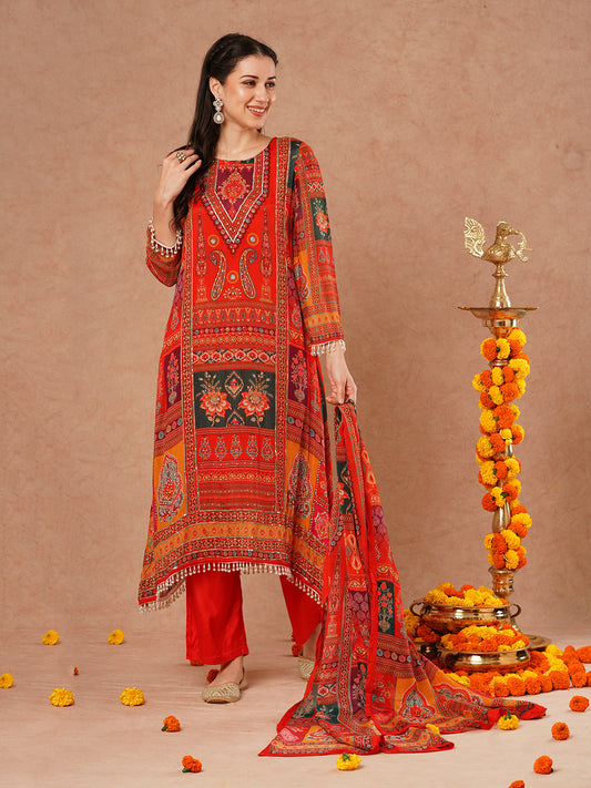 Ethnic Floral Printed & Embroidered A-Line Kurta with Palazzo & Dupatta - Rust