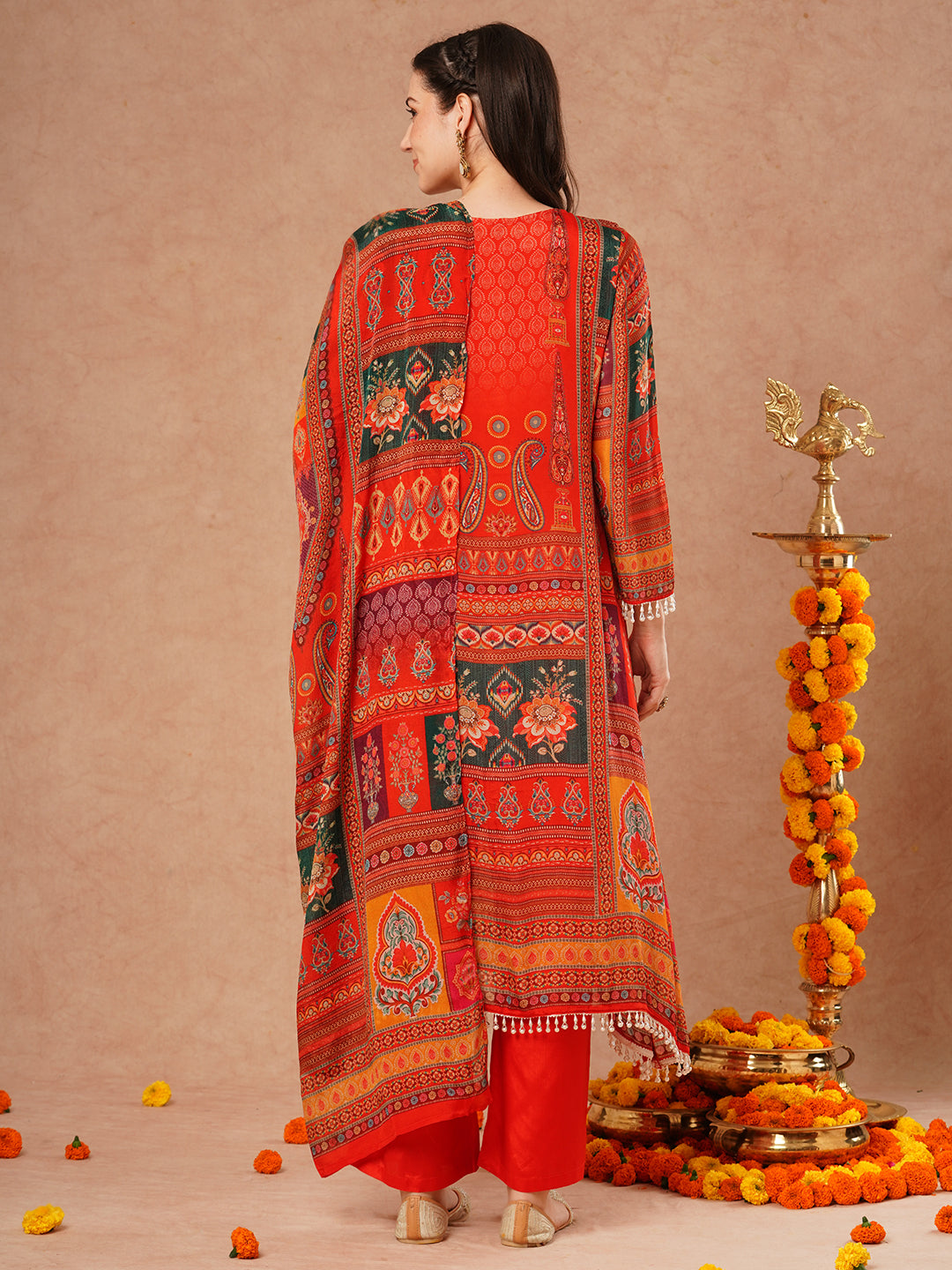 Ethnic Floral Printed & Embroidered A-Line Kurta with Palazzo & Dupatta - Rust