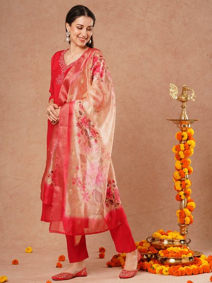 Solid Hand Embroidered Straight Fit Kurta with Pant & Printed Dupatta - Pink