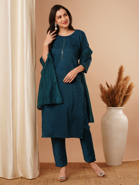 Solid Mirror Embroidered Straight Fit Kurta with Pant & Dupatta - Teal Blue