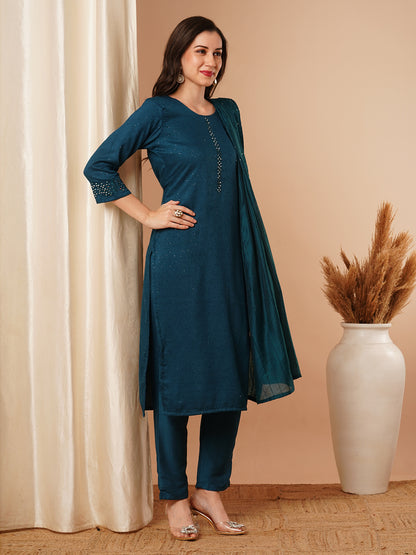 Solid Mirror Embroidered Straight Fit Kurta with Pant & Dupatta - Teal Blue