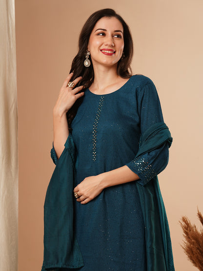 Solid Mirror Embroidered Straight Fit Kurta with Pant & Dupatta - Teal Blue