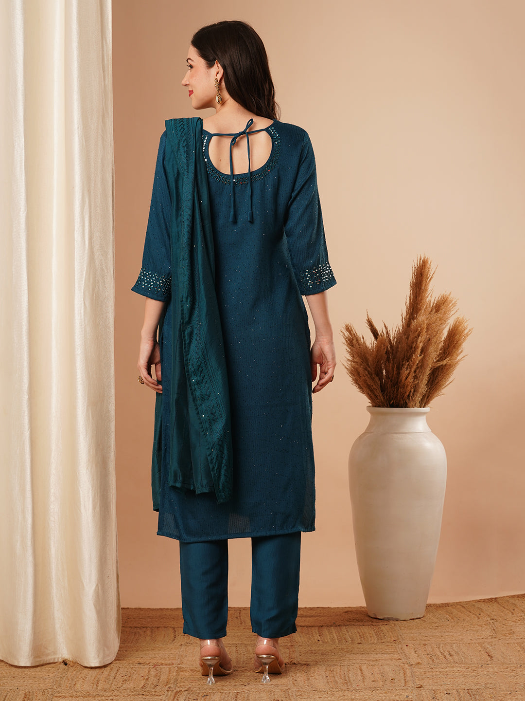 Solid Mirror Embroidered Straight Fit Kurta with Pant & Dupatta - Teal Blue