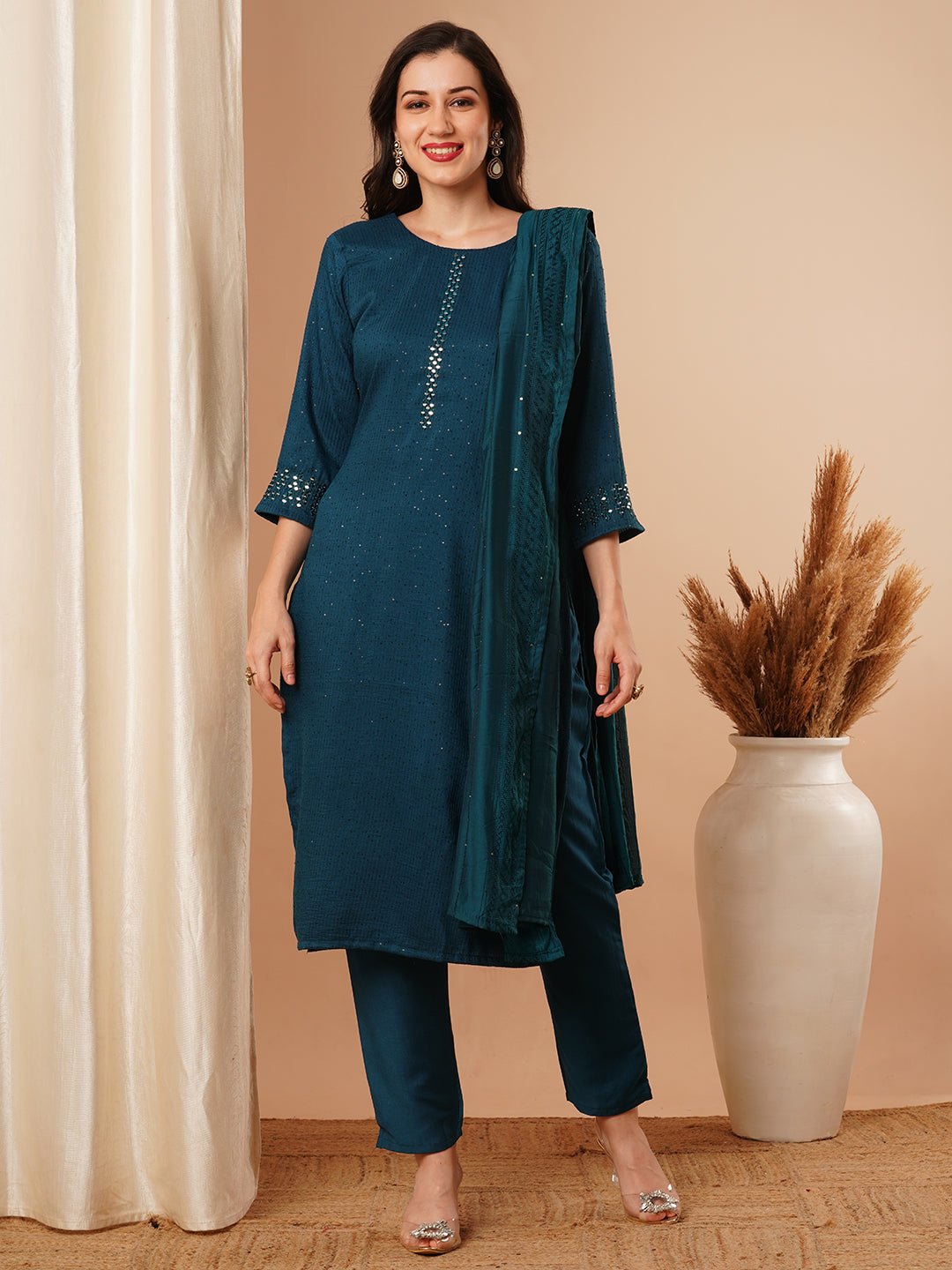 Solid Mirror Embroidered Straight Fit Kurta with Pant & Dupatta - Teal Blue