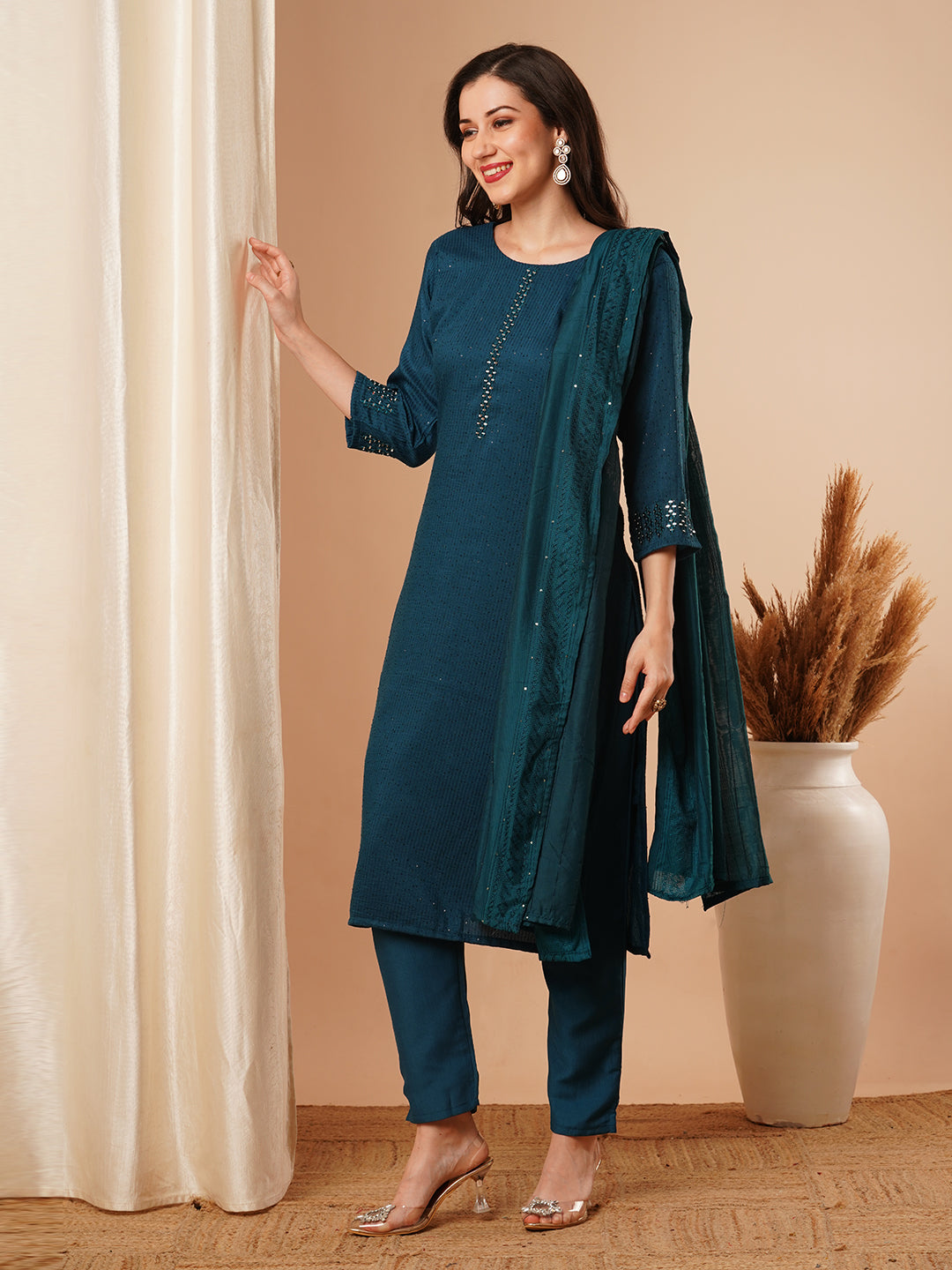 Solid Mirror Embroidered Straight Fit Kurta with Pant & Dupatta - Teal Blue