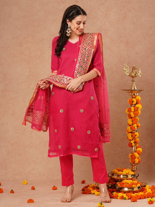 Solid Floral Gota Patti Embroidered Straight Kurta with Pant & Dupatta - Pink