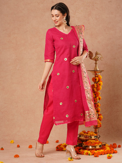 Solid Floral Gota Patti Embroidered Straight Kurta with Pant & Dupatta - Pink