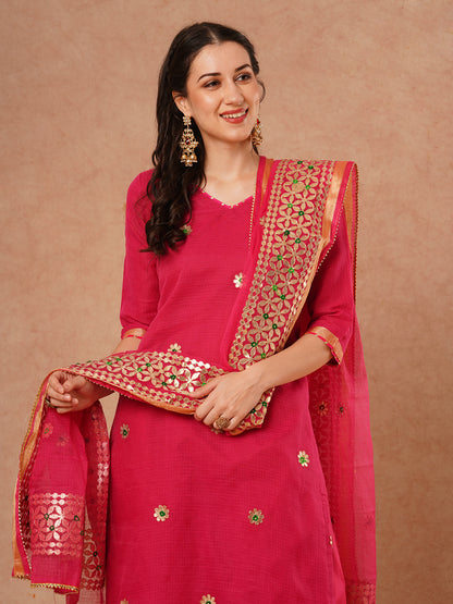 Solid Floral Gota Patti Embroidered Straight Kurta with Pant & Dupatta - Pink