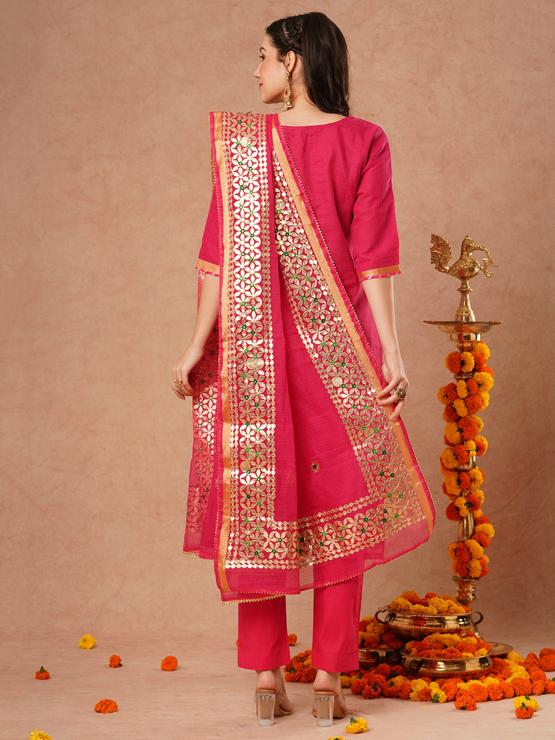 Solid Floral Gota Patti Embroidered Straight Kurta with Pant & Dupatta - Pink