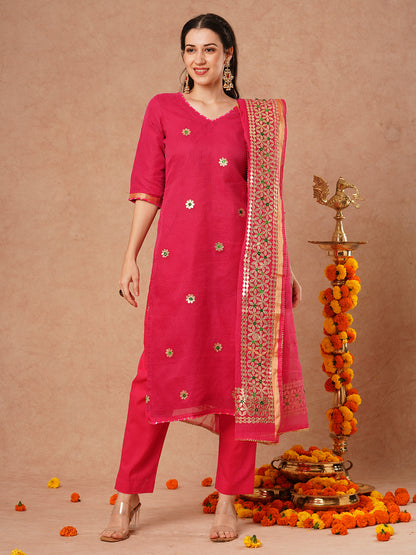 Solid Floral Gota Patti Embroidered Straight Kurta with Pant & Dupatta - Pink