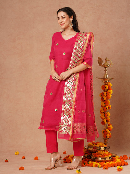 Solid Floral Gota Patti Embroidered Straight Kurta with Pant & Dupatta - Pink