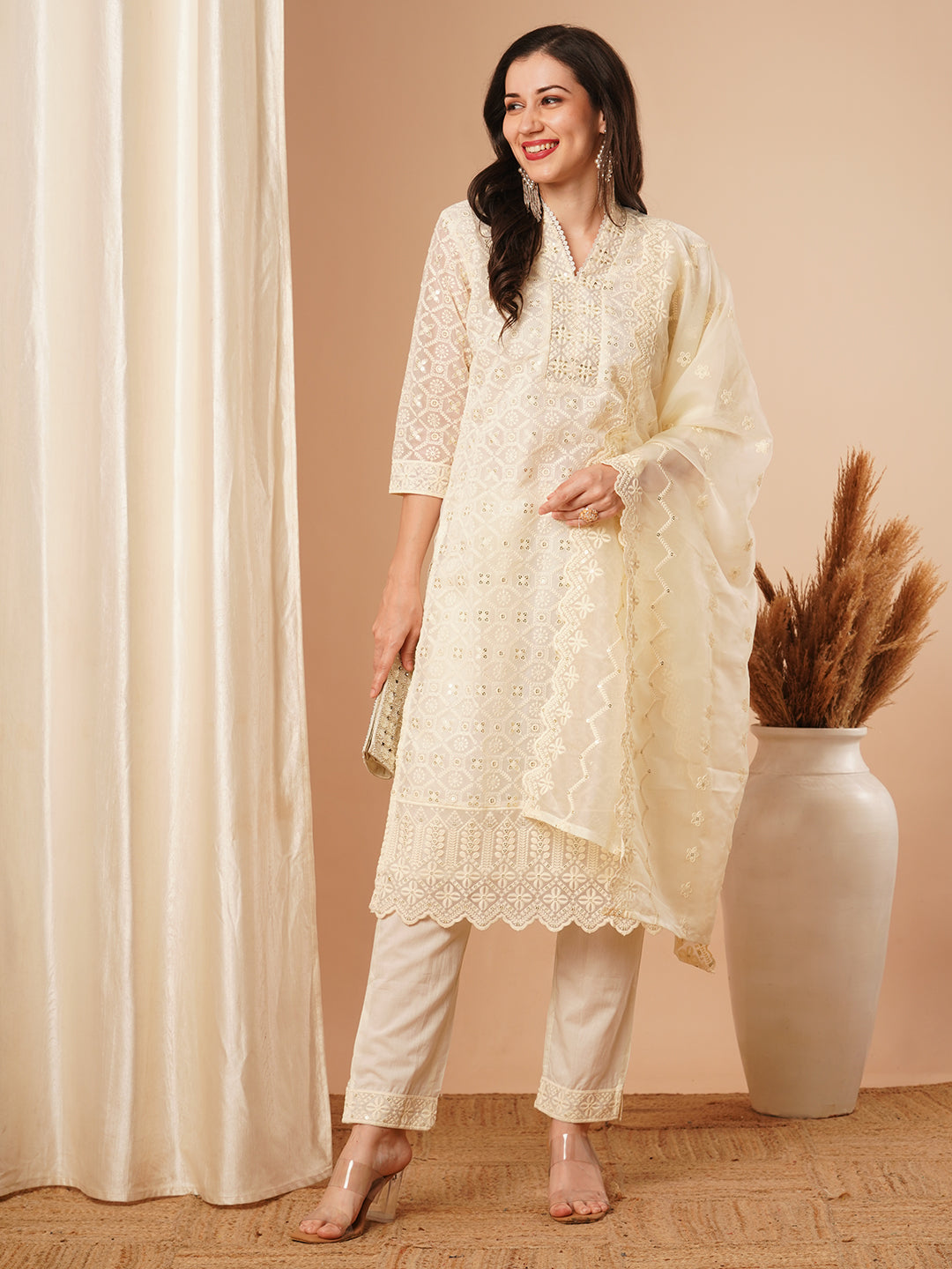 Solid Floral Chikankari Embroidered Straight Kurta with Pant & Dupatta - Off White