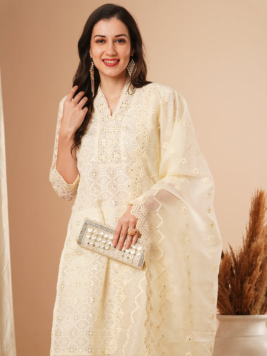 Solid Floral Chikankari Embroidered Straight Kurta with Pant & Dupatta - Off White