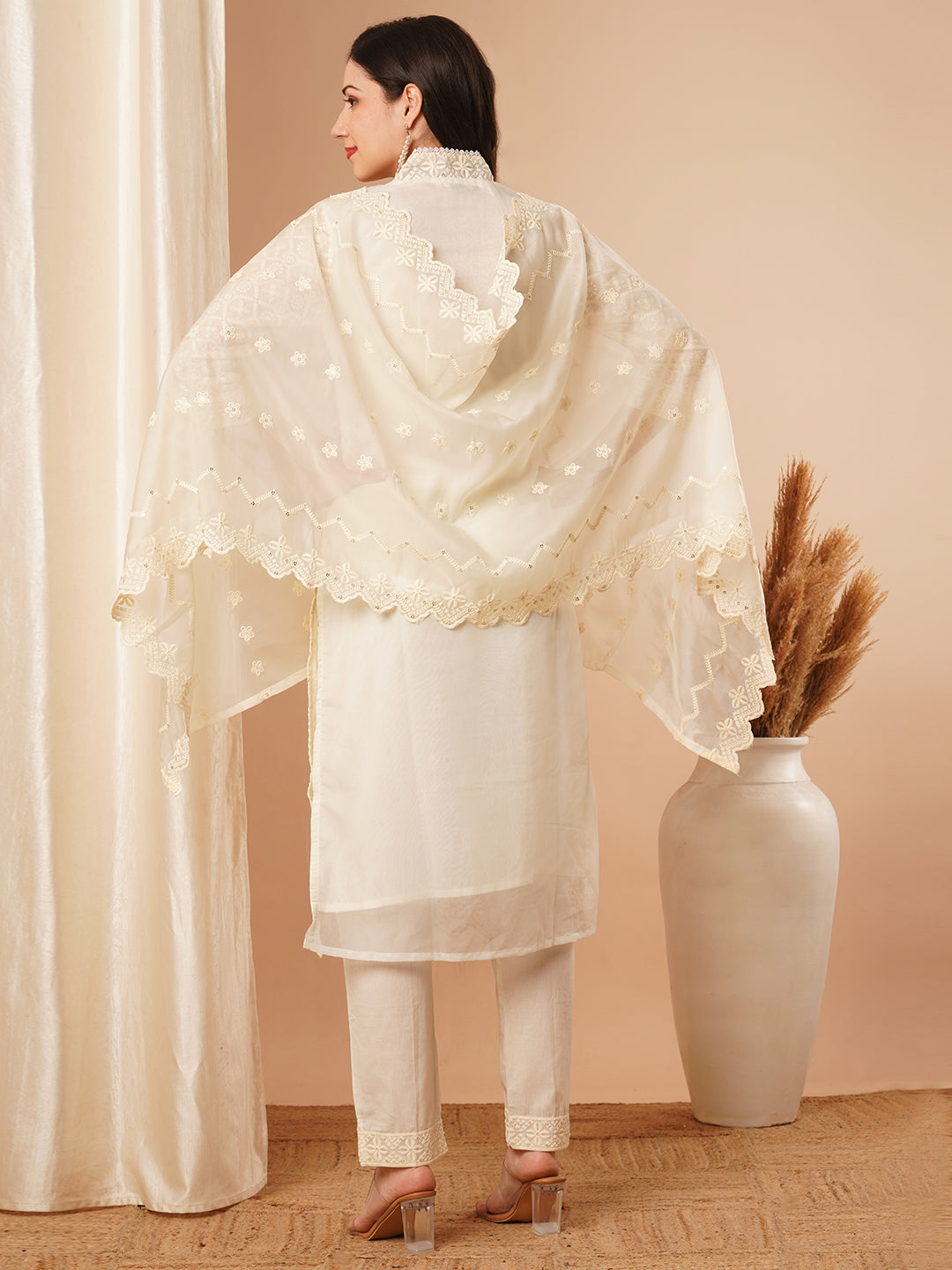 Solid Floral Chikankari Embroidered Straight Kurta with Pant & Dupatta - Off White