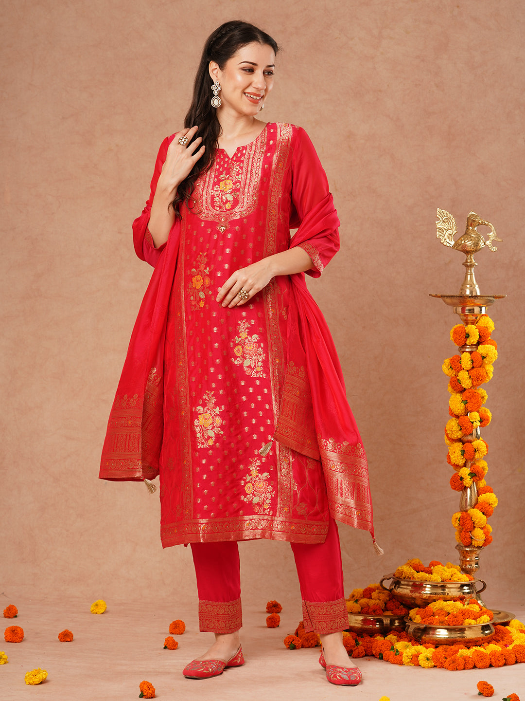 Ethnic Woven & Embroidered Straight Fit Kurta with Pant & Dupatta - Pink