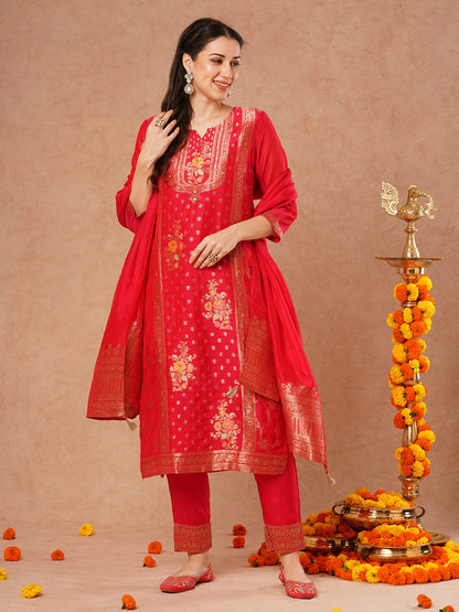 Ethnic Woven & Embroidered Straight Fit Kurta with Pant & Dupatta - Pink