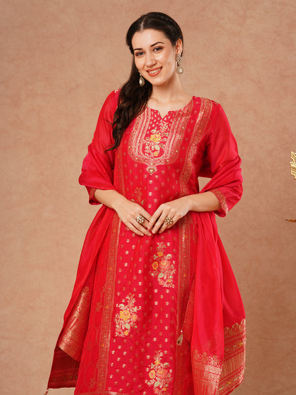 Ethnic Woven & Embroidered Straight Fit Kurta with Pant & Dupatta - Pink