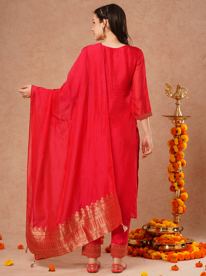 Ethnic Woven & Embroidered Straight Fit Kurta with Pant & Dupatta - Pink