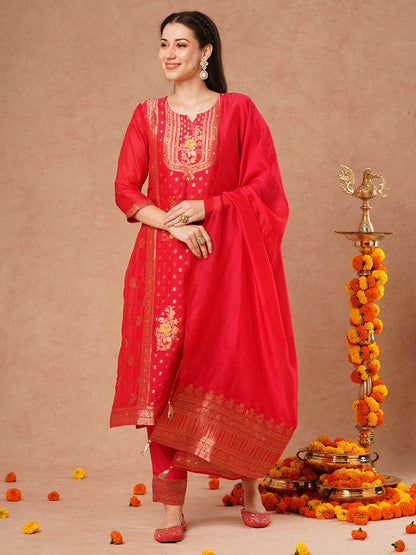 Ethnic Woven & Embroidered Straight Fit Kurta with Pant & Dupatta - Pink