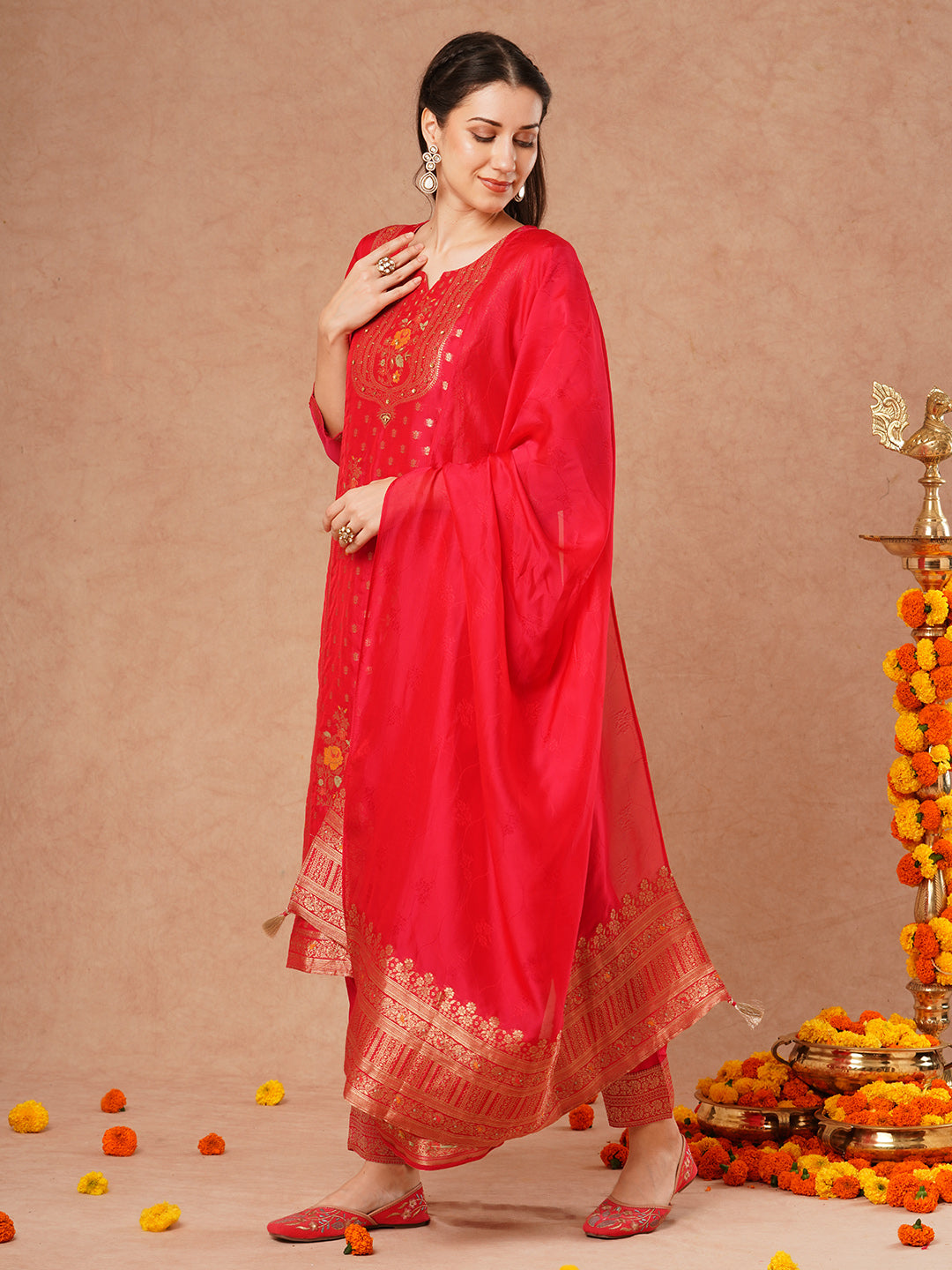 Ethnic Woven & Embroidered Straight Fit Kurta with Pant & Dupatta - Pink