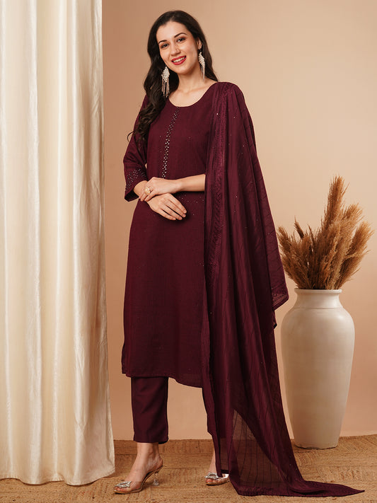 Solid Mirror Embroidered Straight Fit Kurta with Pant & Dupatta - Burgundy