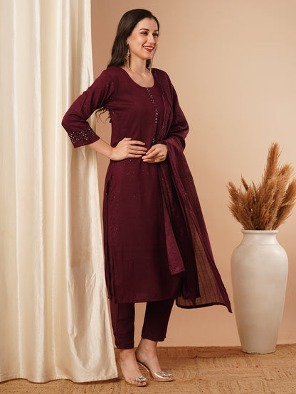 Solid Mirror Embroidered Straight Fit Kurta with Pant & Dupatta - Burgundy