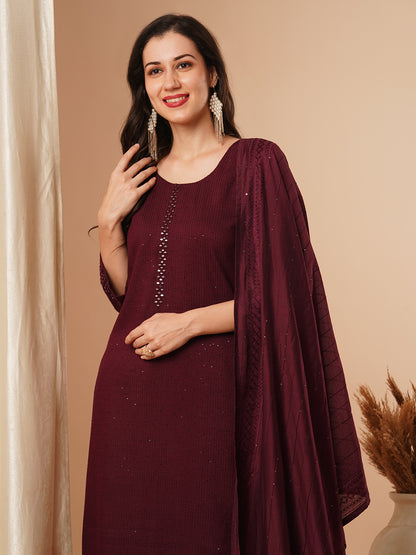 Solid Mirror Embroidered Straight Fit Kurta with Pant & Dupatta - Burgundy