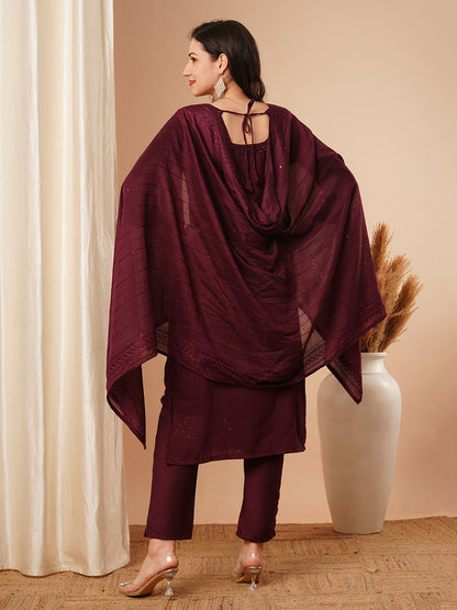 Solid Mirror Embroidered Straight Fit Kurta with Pant & Dupatta - Burgundy