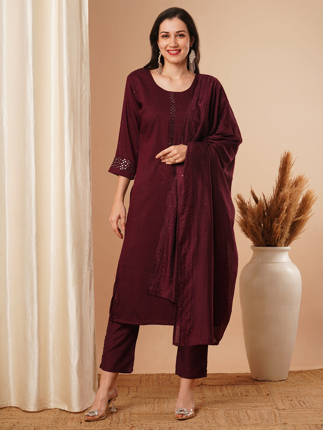 Solid Mirror Embroidered Straight Fit Kurta with Pant & Dupatta - Burgundy