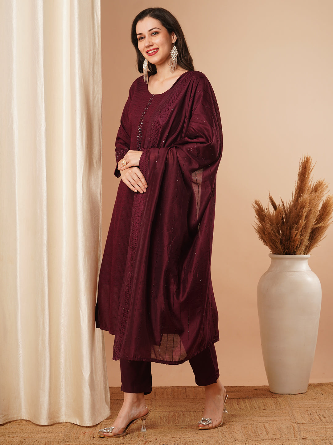 Solid Mirror Embroidered Straight Fit Kurta with Pant & Dupatta - Burgundy