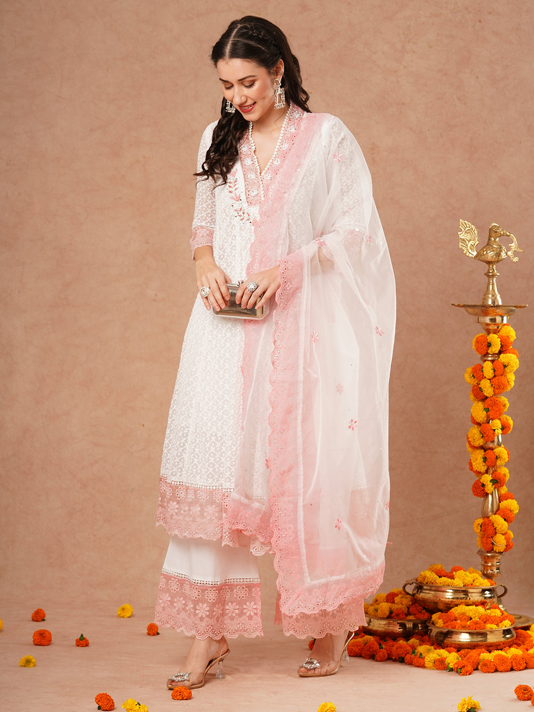 Floral Hand Embroidered Anarkali Flared Kurta with Pant and Dupatta - White