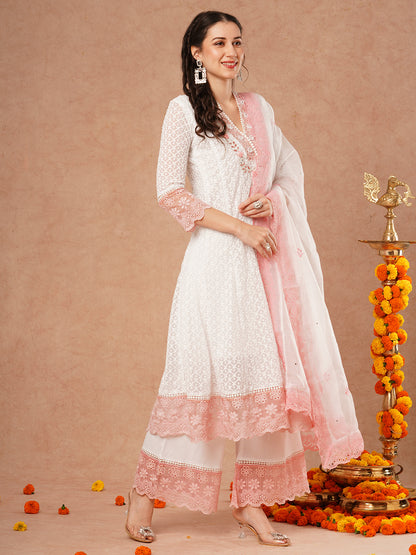 Floral Hand Embroidered Anarkali Flared Kurta with Pant and Dupatta - White