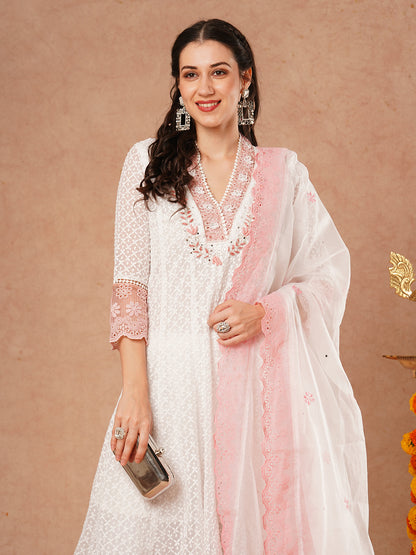 Floral Hand Embroidered Anarkali Flared Kurta with Pant and Dupatta - White