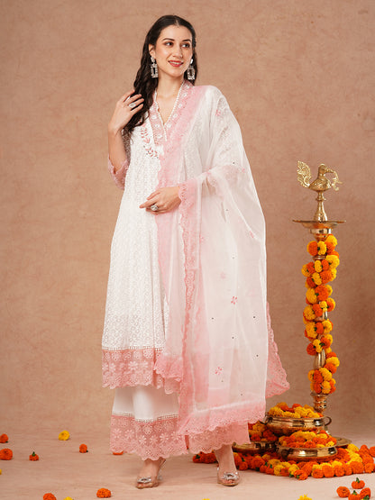 Floral Hand Embroidered Anarkali Flared Kurta with Pant and Dupatta - White