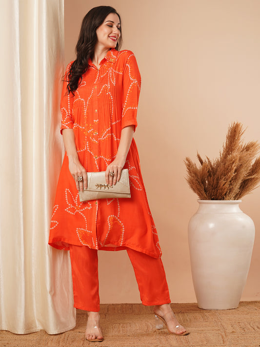 Ethnic Bandhani Printed A-Line Pleated Kurta with Pant - Orange