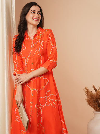 Ethnic Bandhani Printed A-Line Pleated Kurta with Pant - Orange