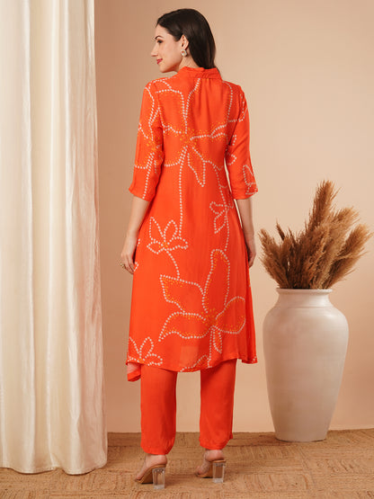 Ethnic Bandhani Printed A-Line Pleated Kurta with Pant - Orange