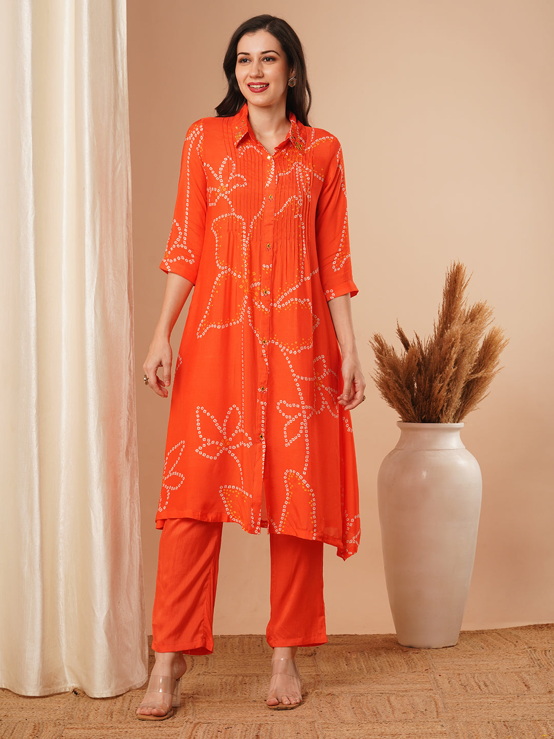 Ethnic Bandhani Printed A-Line Pleated Kurta with Pant - Orange