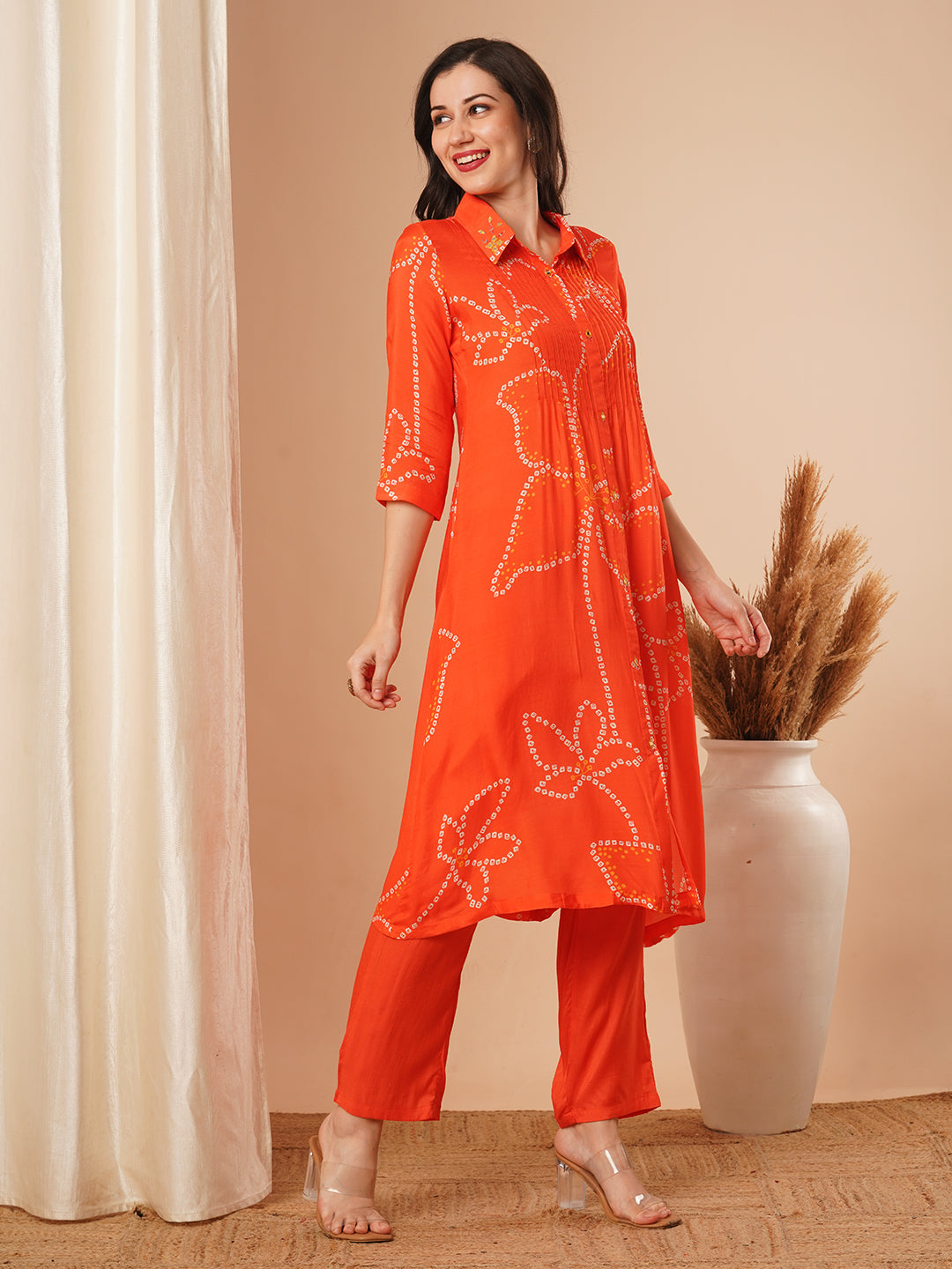 Ethnic Bandhani Printed A-Line Pleated Kurta with Pant - Orange