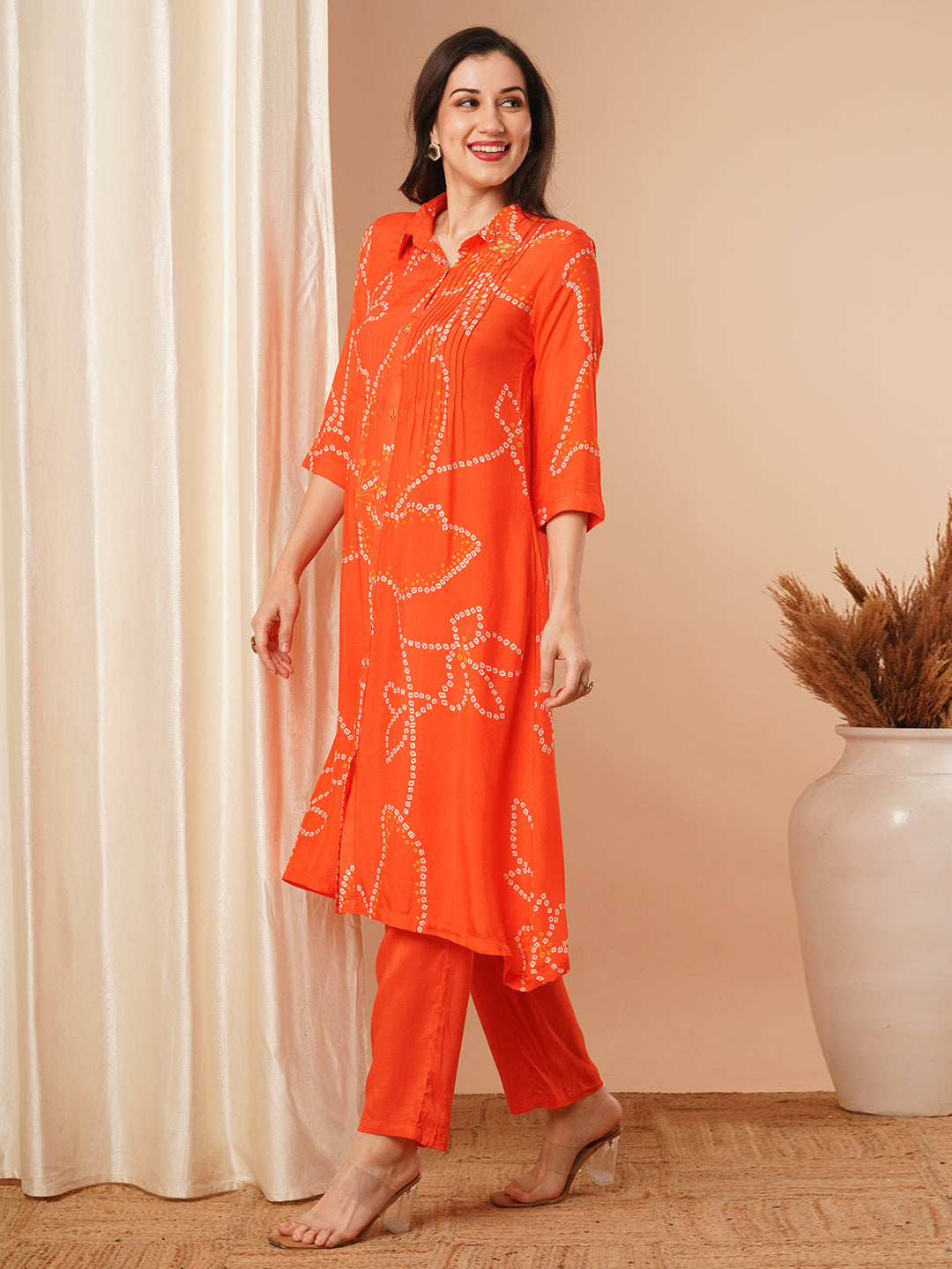 Ethnic Bandhani Printed A-Line Pleated Kurta with Pant - Orange