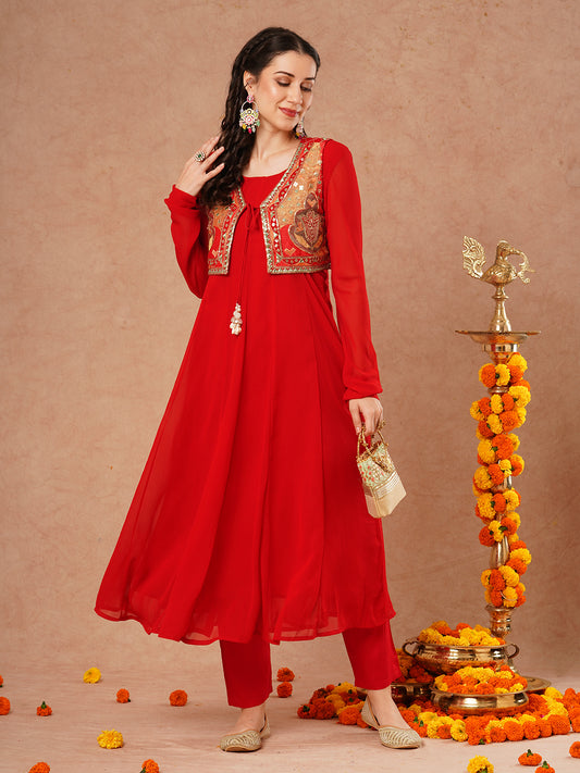 Solid Anarkali Flared Kurta with Ethnic Embroidered Jacket & Pant - Red